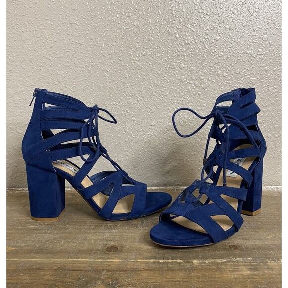 Steve Madden Gal Sandals Sz 6.5‎ Womens Blue Gladiator Lace Up Block Heel - Picture 1 of 14